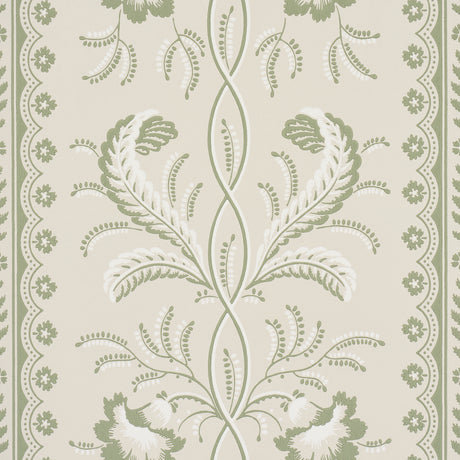 Bell Flowers wallpaper in green by Schumacher, featuring an ornate floral stripe pattern with surface-printed texture, shown in a styled interior and close-up views.