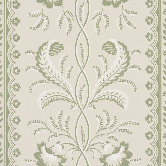 Bell Flowers wallpaper in green by Schumacher, featuring an ornate floral stripe pattern with surface-printed texture, shown in a styled interior and close-up views.