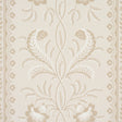 Bell Flowers wallpaper in a neutral colorway featuring ornate floral stripe design by Schumacher, shown in detail and in styled room settings.