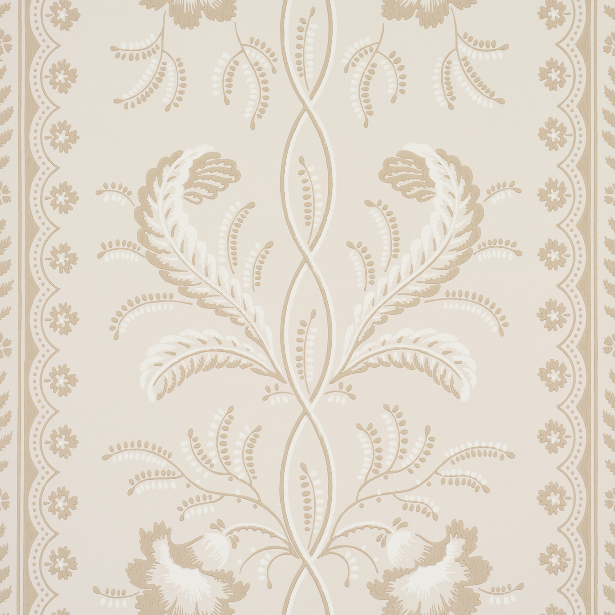 Bell Flowers wallpaper in a neutral colorway featuring ornate floral stripe design by Schumacher, shown in detail and in styled room settings.