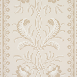 Bell Flowers wallpaper in a neutral colorway featuring ornate floral stripe design by Schumacher, shown in detail and in styled room settings.