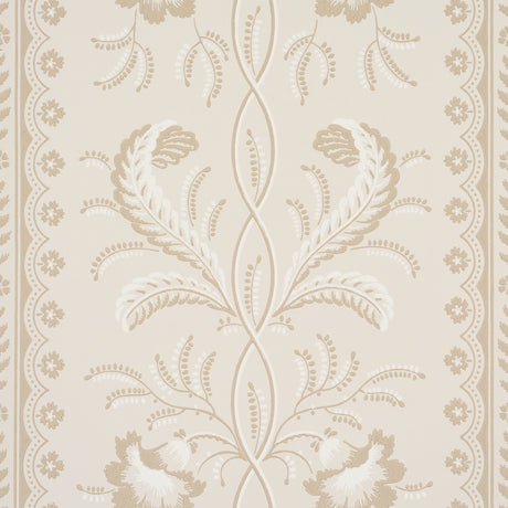 Bell Flowers wallpaper in a neutral colorway featuring ornate floral stripe design by Schumacher, shown in detail and in styled room settings.