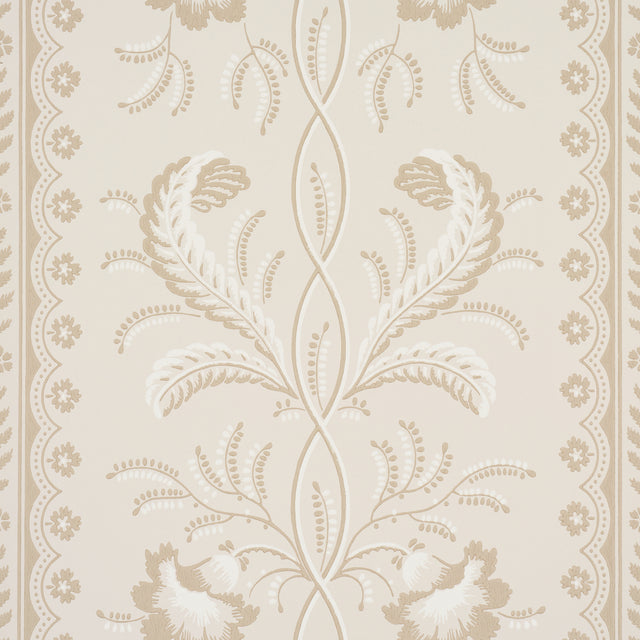 Bell Flowers wallpaper in a neutral colorway featuring ornate floral stripe design by Schumacher, shown in detail and in styled room settings.
