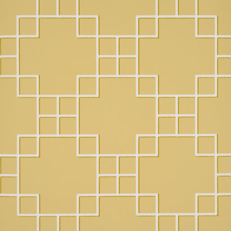Georgette Trellis wallpaper in Buttercup by Schumacher, featuring a geometric lattice pattern in yellow and white.