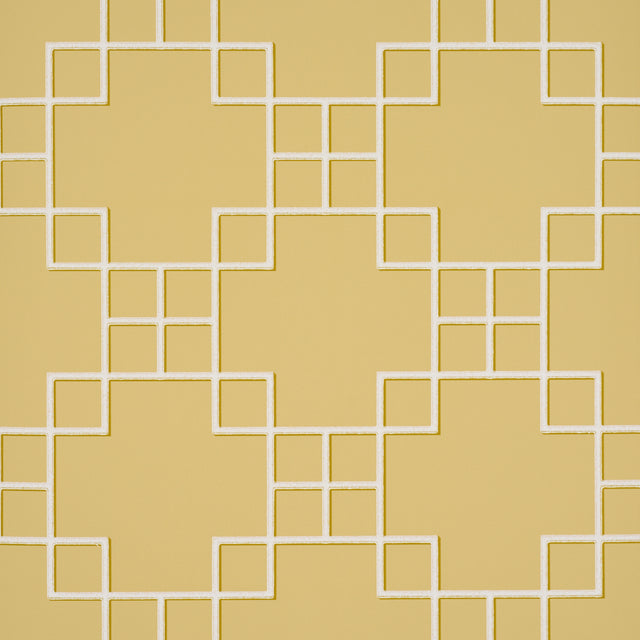 Georgette Trellis wallpaper in Buttercup by Schumacher, featuring a geometric lattice pattern in yellow and white.