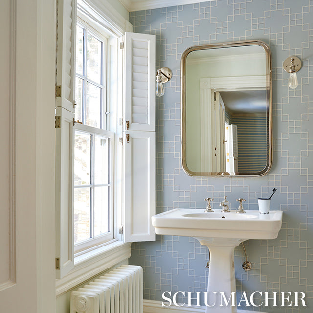 Georgette Trellis Light Blue Geometric Lattice Wallpaper – Schumacher 5016501