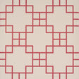 Georgette Trellis red geometric lattice wallpaper by Schumacher shown in a bathroom interior and close-up views.