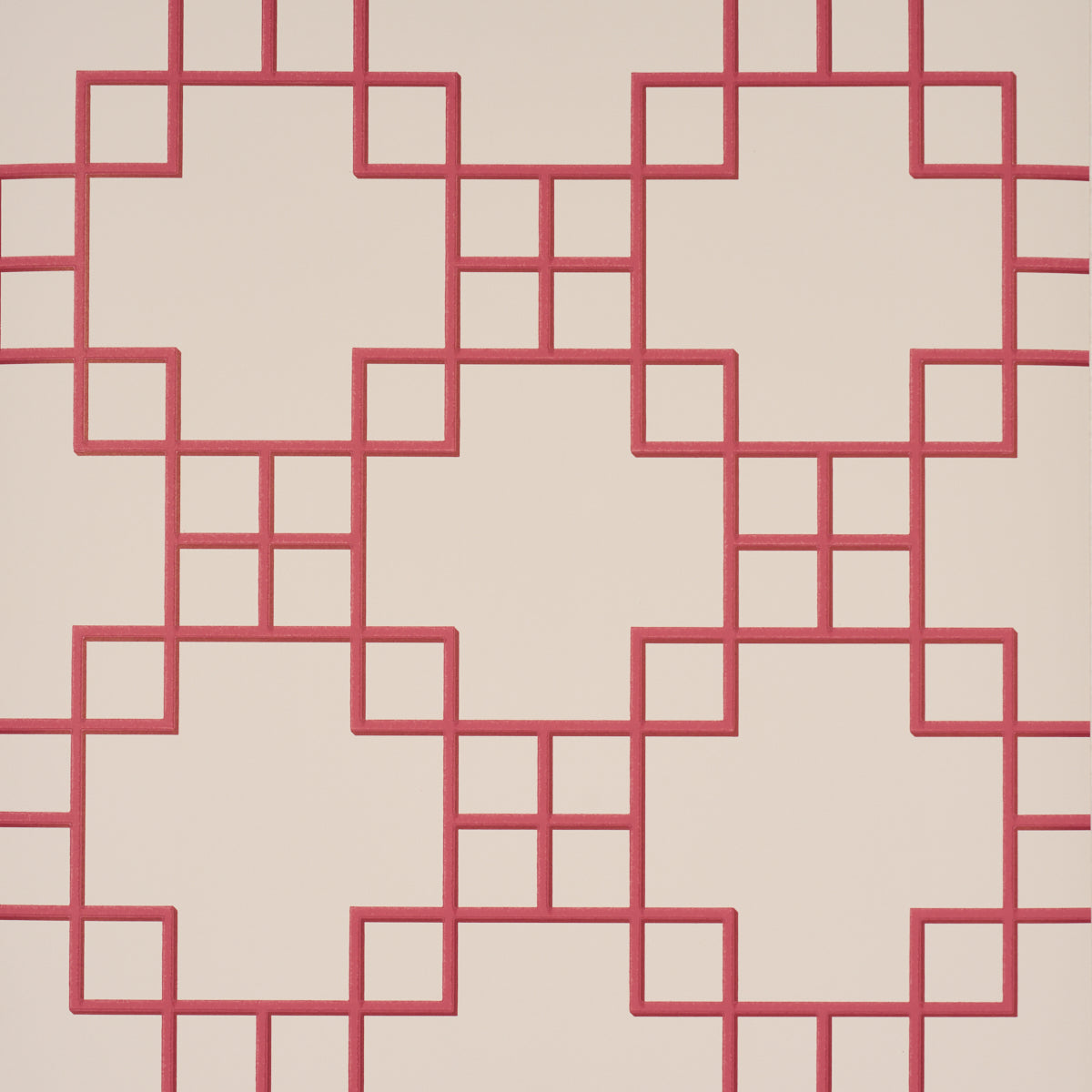 Georgette Trellis red geometric lattice wallpaper by Schumacher shown in a bathroom interior and close-up views.