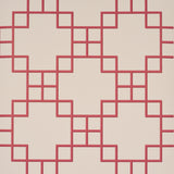 Georgette Trellis red geometric lattice wallpaper by Schumacher shown in a bathroom interior and close-up views.