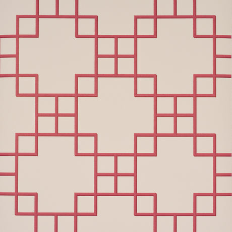 Georgette Trellis red geometric lattice wallpaper by Schumacher shown in a bathroom interior and close-up views.