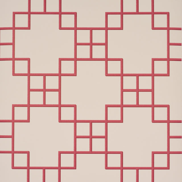Georgette Trellis red geometric lattice wallpaper by Schumacher shown in a bathroom interior and close-up views.