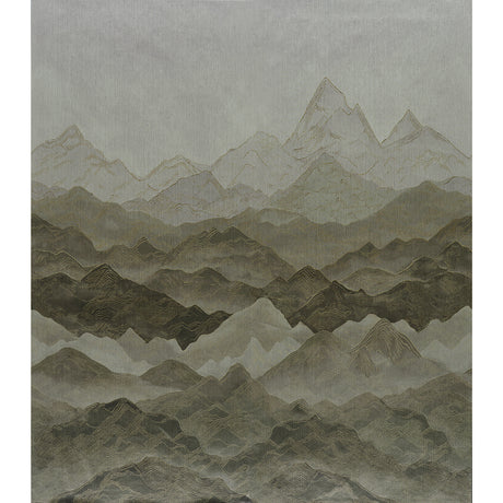 Atmospheric Landscape Panel Set wallpaper in Misty Mountains colorway, featuring a large-scale scenic mountain design with subtle gradient effect, installed in a living room setting.