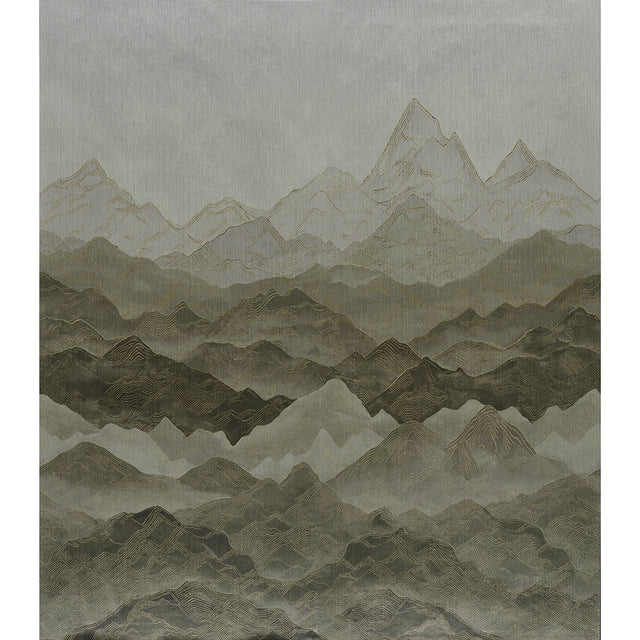 Atmospheric Landscape Panel Set wallpaper in Misty Mountains colorway, featuring a large-scale scenic mountain design with subtle gradient effect, installed in a living room setting.