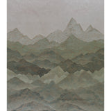 Atmospheric Landscape Panel Set wallpaper in Verdant Vista, a scenic mountain landscape design by Schumacher, shown installed in a living room setting.