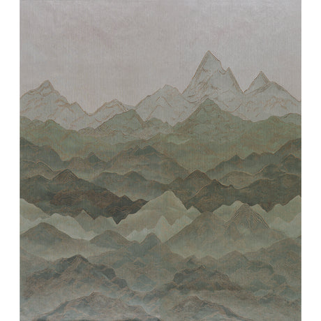 Atmospheric Landscape Panel Set wallpaper in Verdant Vista, a scenic mountain landscape design by Schumacher, shown installed in a living room setting.