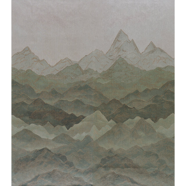 Atmospheric Landscape Panel Set wallpaper in Verdant Vista, a scenic mountain landscape design by Schumacher, shown installed in a living room setting.