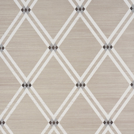 Asolo Sisal wallpaper in silver, featuring a medium-scale trellis with argyle elements and a graphic, textural look by Schumacher.