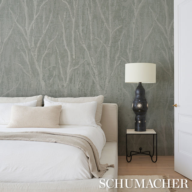 Komorebi Mist by Schumacher Textured Metallic Arboreal Wallpaper – Schumacher 5016590