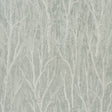 Komorebi Mist by Schumacher - Textured metallic arboreal pattern wallpaper in a serene mist colorway, shown in a modern bedroom setting.