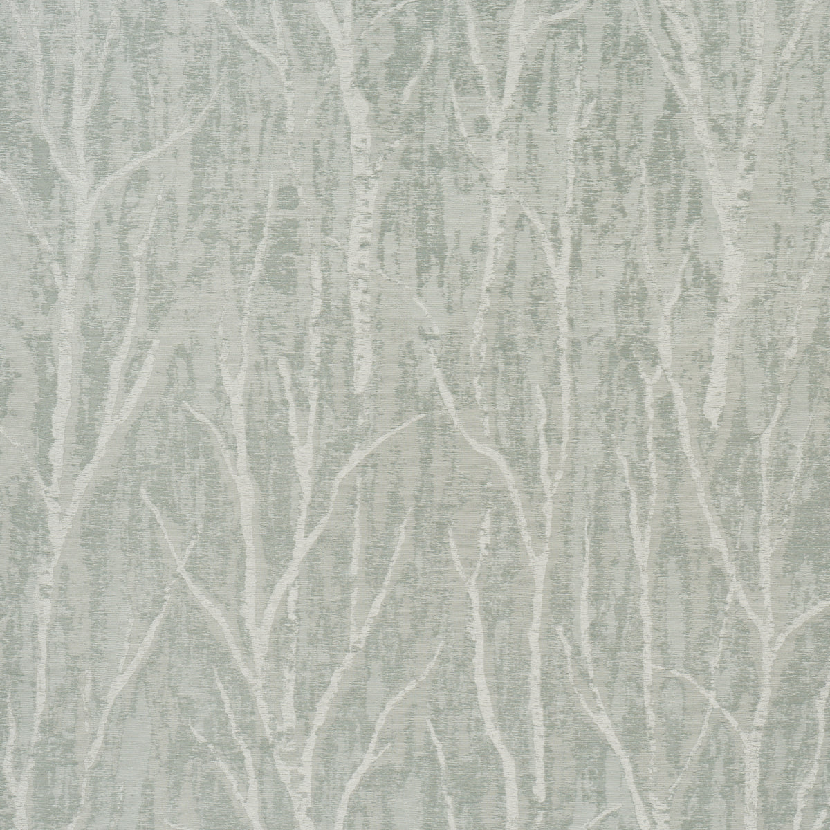 Komorebi Mist by Schumacher - Textured metallic arboreal pattern wallpaper in a serene mist colorway, shown in a modern bedroom setting.