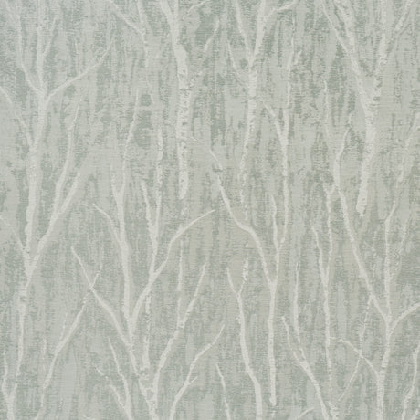 Komorebi Mist by Schumacher - Textured metallic arboreal pattern wallpaper in a serene mist colorway, shown in a modern bedroom setting.