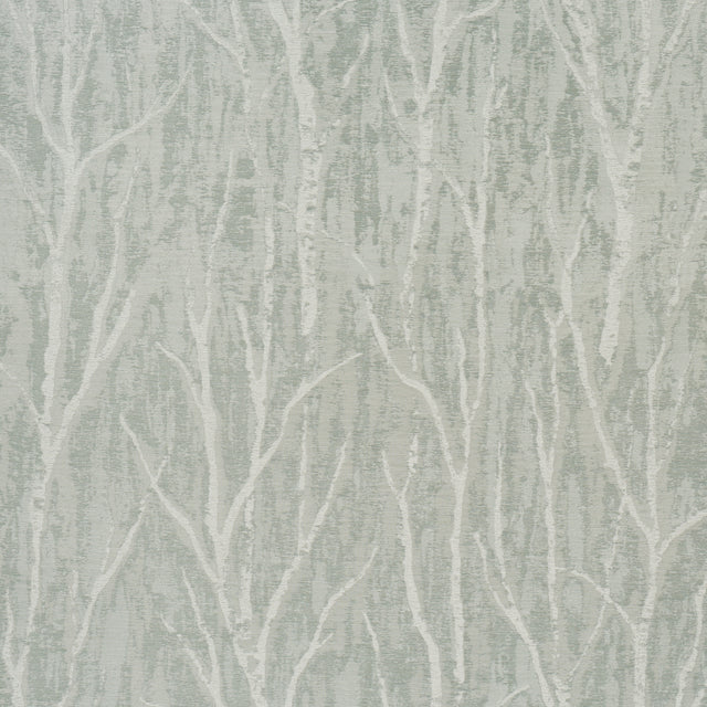 Komorebi Mist by Schumacher - Textured metallic arboreal pattern wallpaper in a serene mist colorway, shown in a modern bedroom setting.