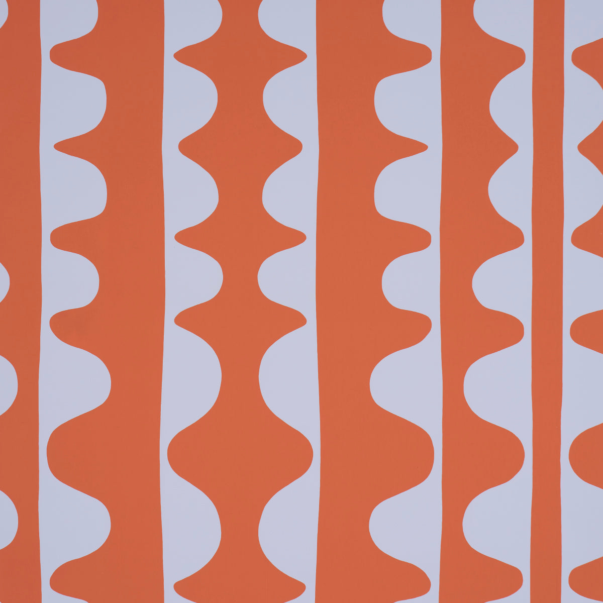DRIFT wallpaper in Currant by Schumacher, featuring bold wavy vertical stripes in orange and white, modern geometric design.