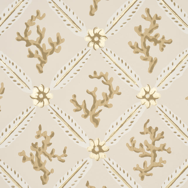 Corail Leaf Trellis Champagne by Timothy Corrigan Metallic Botanical Trellis Wallpaper – Schumacher 5016640