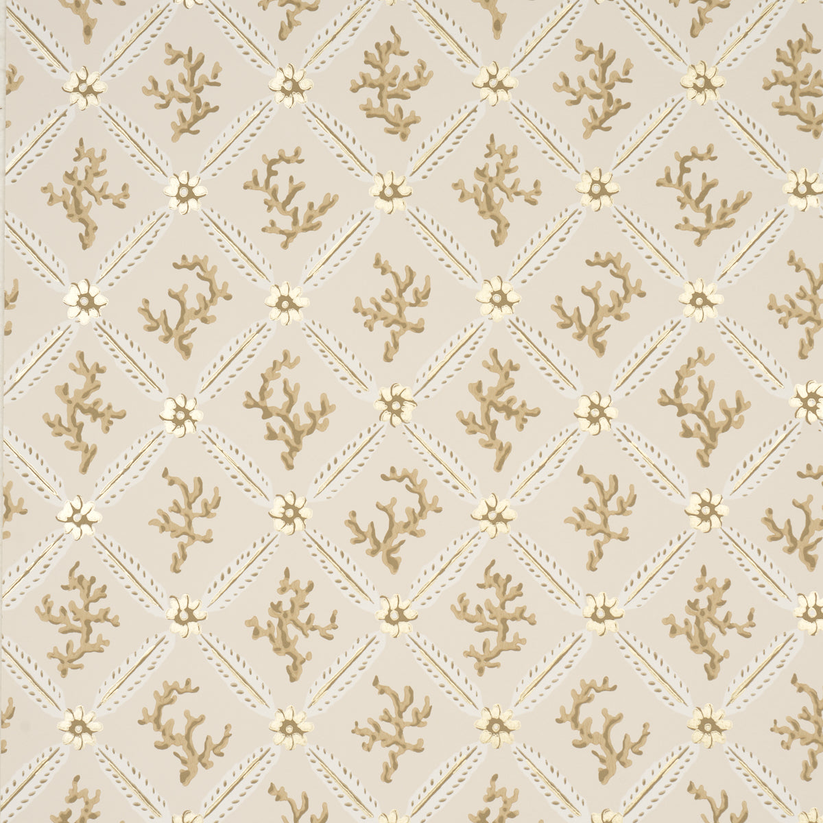Corail Leaf Trellis wallpaper in Champagne by Timothy Corrigan for Schumacher, featuring a delicate coral and floral trellis pattern with metallic accents.