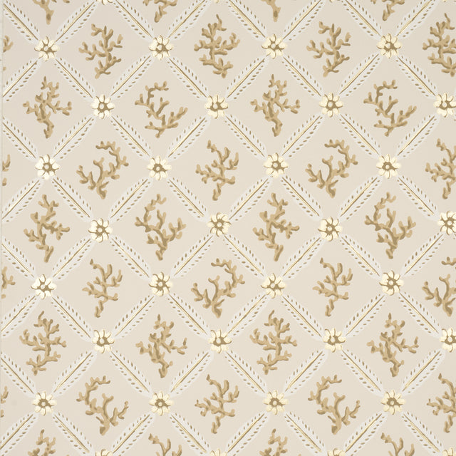 Corail Leaf Trellis wallpaper in Champagne by Timothy Corrigan for Schumacher, featuring a delicate coral and floral trellis pattern with metallic accents.