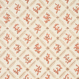Corail Leaf Trellis wallpaper in coral by Timothy Corrigan for Schumacher, featuring a coral branch and daisy trellis pattern with metallic accents.