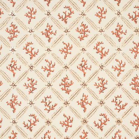 Corail Leaf Trellis wallpaper in coral by Timothy Corrigan for Schumacher, featuring a coral branch and daisy trellis pattern with metallic accents.