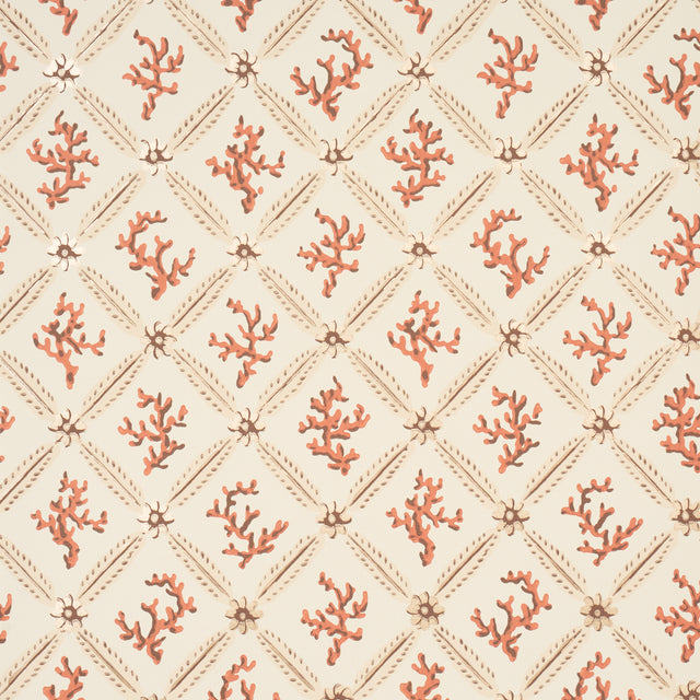 Corail Leaf Trellis wallpaper in coral by Timothy Corrigan for Schumacher, featuring a coral branch and daisy trellis pattern with metallic accents.
