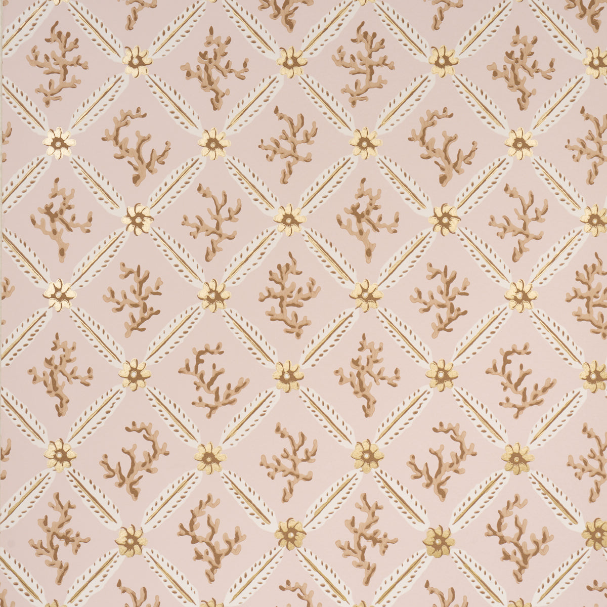 Corail Leaf Trellis wallpaper in blush by Timothy Corrigan for Schumacher, featuring a delicate coral and floral trellis pattern with metallic accents.