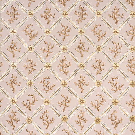 Corail Leaf Trellis wallpaper in blush by Timothy Corrigan for Schumacher, featuring a delicate coral and floral trellis pattern with metallic accents.