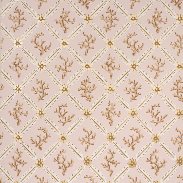 Corail Leaf Trellis wallpaper in blush by Timothy Corrigan for Schumacher, featuring a delicate coral and floral trellis pattern with metallic accents.