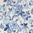 Huntington Gardens Bleu Marine wallpaper by Schumacher, featuring a romantic blue and white botanical and bird motif designed by Timothy Corrigan.