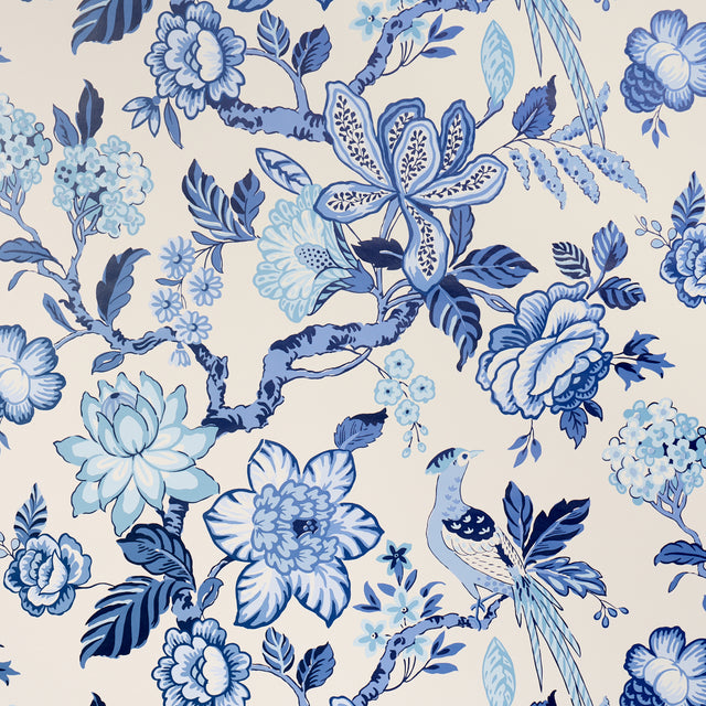 Huntington Gardens Bleu Marine wallpaper by Schumacher, featuring a romantic blue and white botanical and bird motif designed by Timothy Corrigan.
