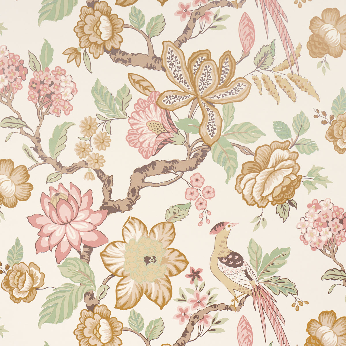 Huntington Gardens wallpaper by Schumacher, featuring a romantic, painterly tree-of-life motif with large-scale florals and birds in pastel and neutral tones.