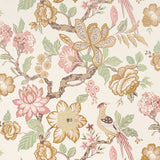 Huntington Gardens wallpaper by Schumacher, featuring a romantic, painterly tree-of-life motif with large-scale florals and birds in pastel and neutral tones.