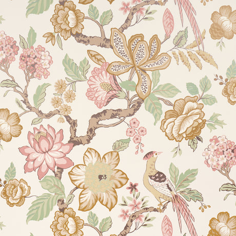 Huntington Gardens wallpaper by Schumacher, featuring a romantic, painterly tree-of-life motif with large-scale florals and birds in pastel and neutral tones.