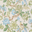 Huntington Gardens wallpaper in Paradis by Timothy Corrigan for Schumacher, featuring a painterly tree-of-life botanical motif with birds and flowers in green, blue, and cream.