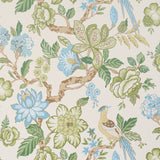 Huntington Gardens wallpaper in Paradis by Timothy Corrigan for Schumacher, featuring a painterly tree-of-life botanical motif with birds and flowers in green, blue, and cream.