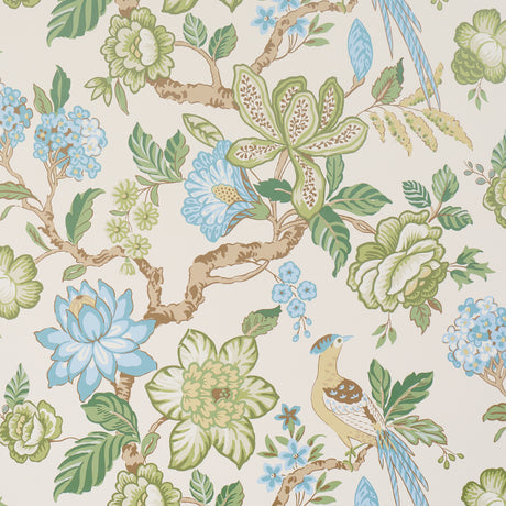 Huntington Gardens wallpaper in Paradis by Timothy Corrigan for Schumacher, featuring a painterly tree-of-life botanical motif with birds and flowers in green, blue, and cream.