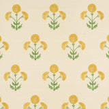 Saranda Flower Sisal wallpaper in marigold, featuring stylized yellow flowers and green leaves on a textured background.