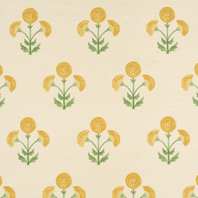 Saranda Flower Sisal wallpaper in marigold, featuring stylized yellow flowers and green leaves on a textured background.