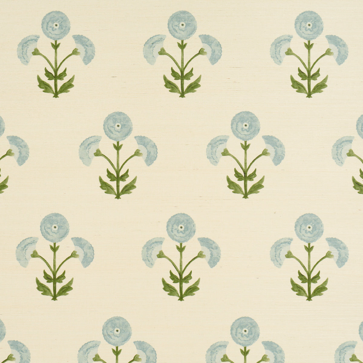 Saranda Flower Sisal wallpaper in sky blue with stylized floral pattern on textured sisal, by Schumacher.