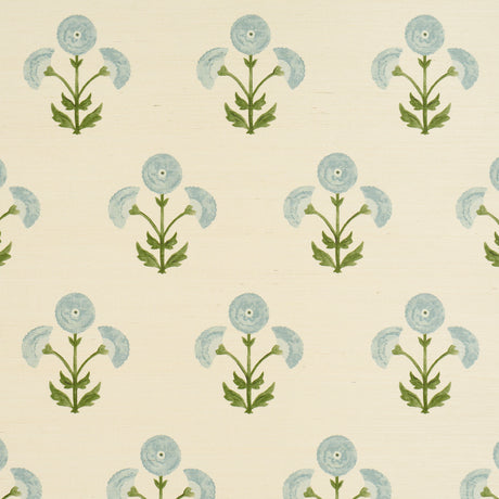 Saranda Flower Sisal wallpaper in sky blue with stylized floral pattern on textured sisal, by Schumacher.