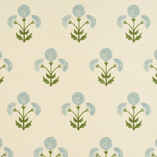 Saranda Flower Sisal wallpaper in sky blue with stylized floral pattern on textured sisal, by Schumacher.