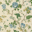 Josephine Sisal wallpaper in Peacock by Schumacher, featuring a midscale tree of life floral pattern in blue, green, and yellow on a textured sisal background.